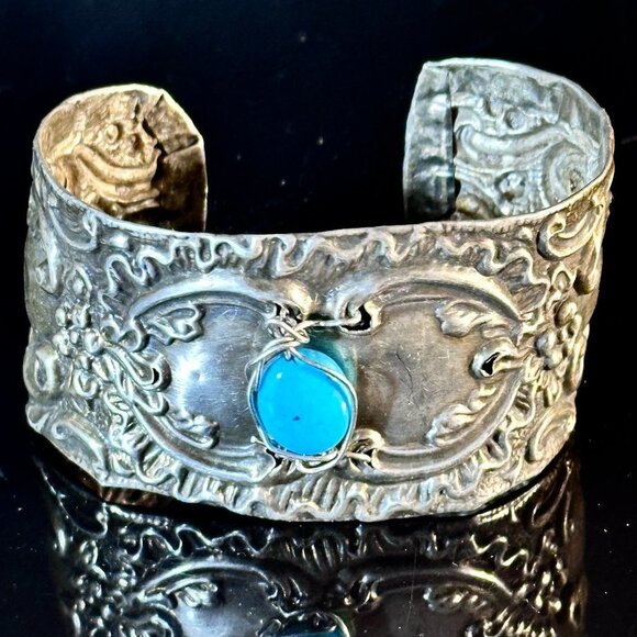 Antique Sterling Silver Cuff Bracelet Sleeping Beauty Turquoise 925 Victorian - Picture 1 of 12